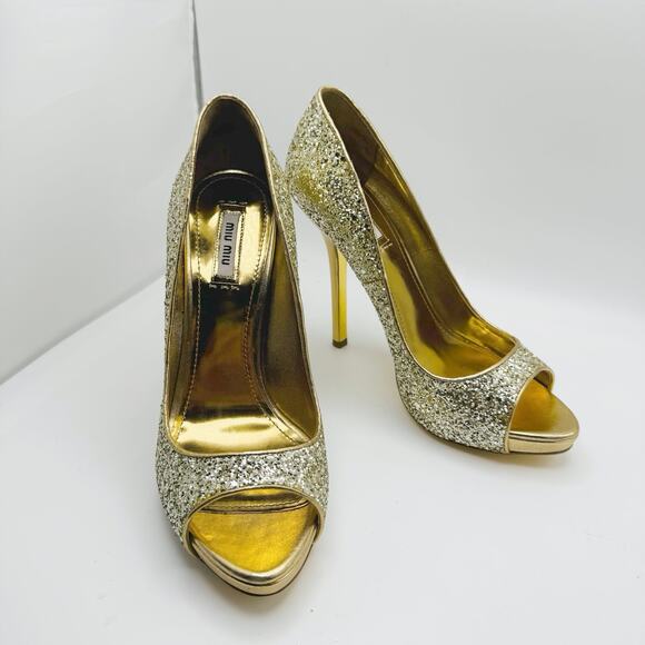 Miu Miu peep toe Gold Glitter Party Pump size EU 40 - Picture 12 of 15